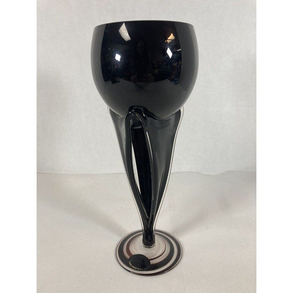 Jozefina Krosno Art Glass Black Swirl Stemmed Goblet Candle Holder Poland Vtg 9” - Picture 12 of 12
